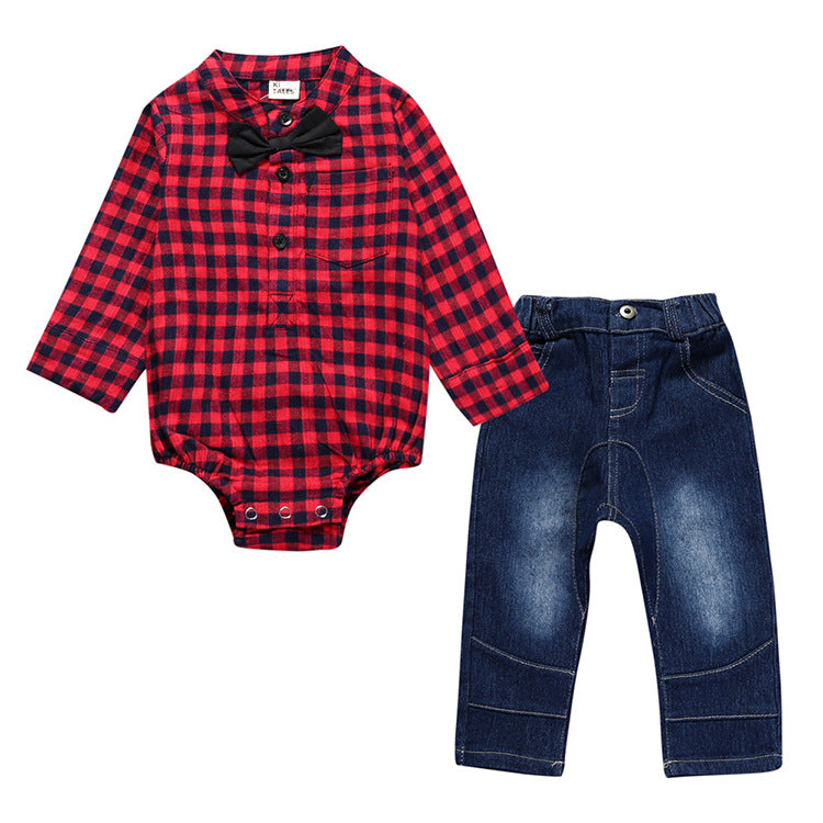 Junge Gentleman Plaid Anzug Baby Einteiler Anzug Tasche Furz Kleidung Jeans Kinder Anzug