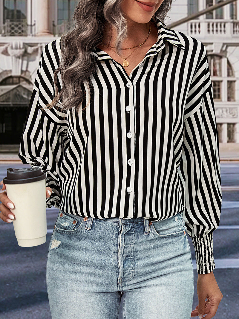 New European and American long-sleeved commuter striped shirt for women