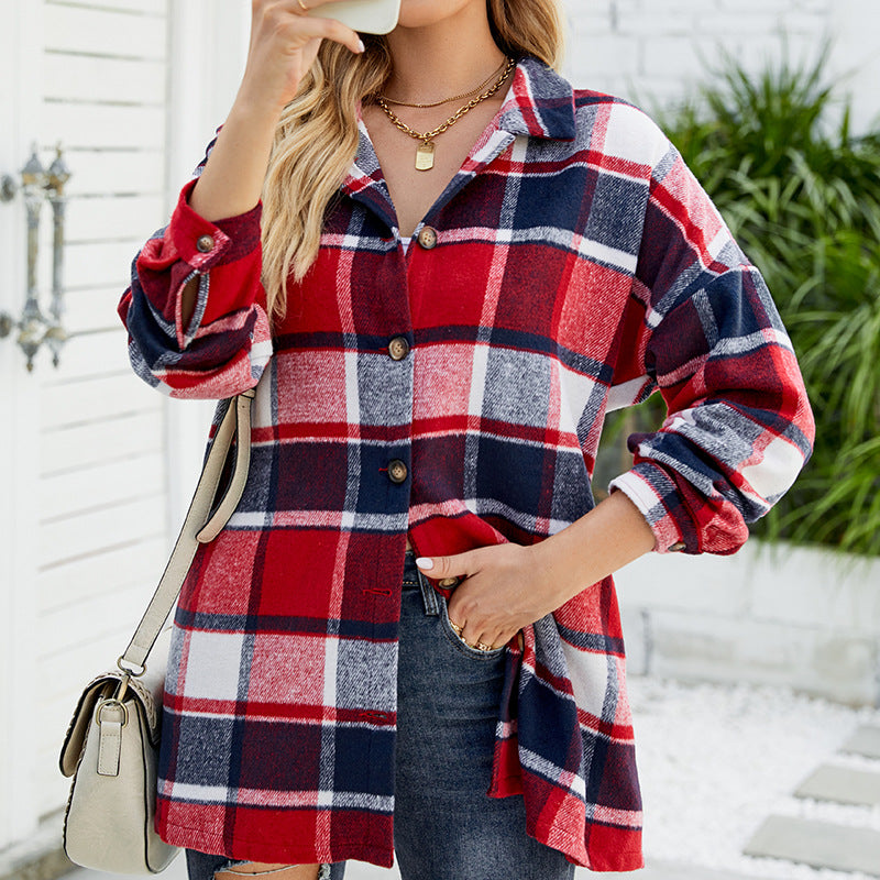 Women's long sleeve checked shirt Mid-length wool coat