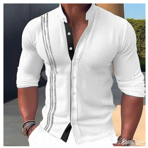 Summer men's fashion long-sleeved shirt with stand-up collar and buttons