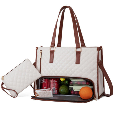 Modische Lunch-Tragetasche für Damen, wärmeisolierende Lunchbox, auslaufsichere Umhängetasche für Computer, gesteppte Handtasche mit großem Fassungsvermögen und Geldbörse
