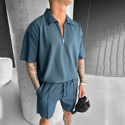 Sommermode Herrenbekleidung Herrenanzüge Neue Reißverschluss Polo Casual Kurzarm Kordelzug Shorts Herren Set