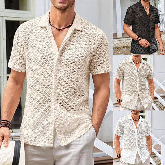 Sommer Mesh Kurzarm Shirt Mode Einfarbig Revers Shirt Tops Strand Männer Kleidung