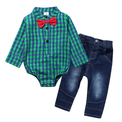 Junge Gentleman Plaid Anzug Baby Einteiler Anzug Tasche Furz Kleidung Jeans Kinder Anzug