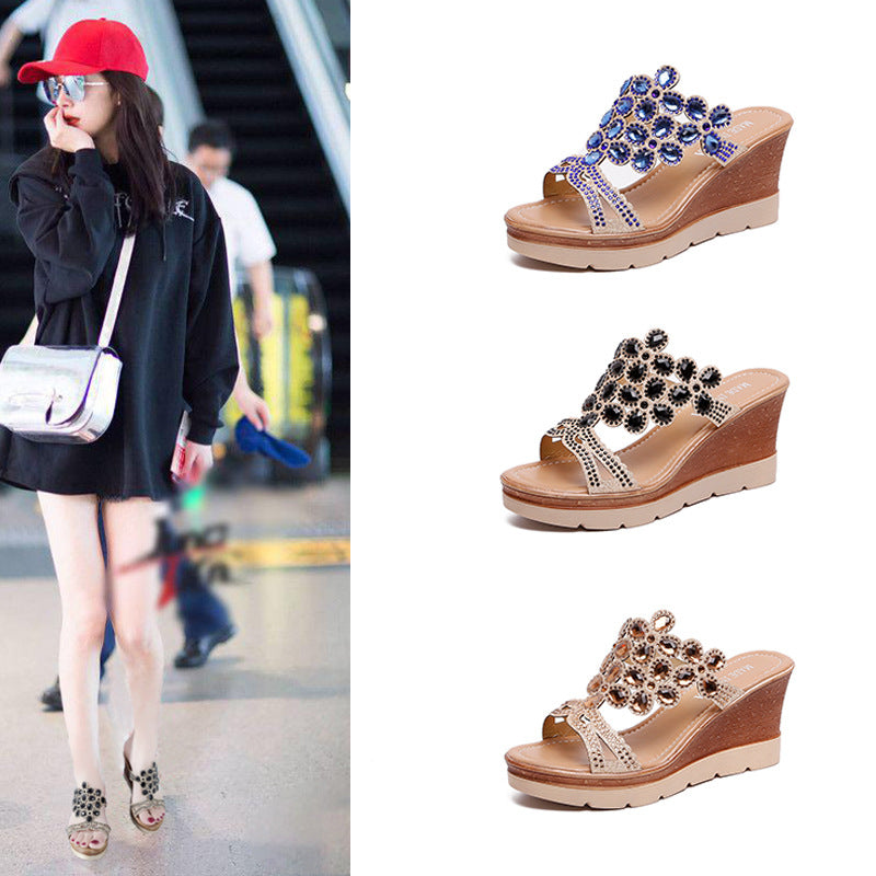 Rhinestone platform sandals and slanted heel slippers