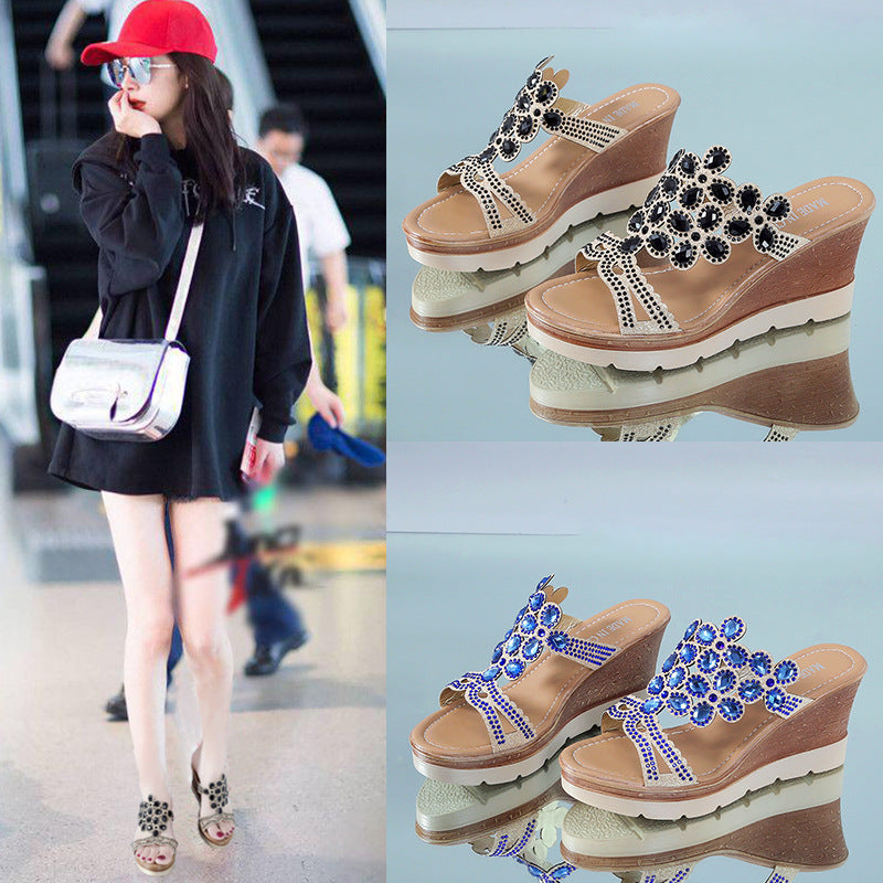 Rhinestone platform sandals and slanted heel slippers