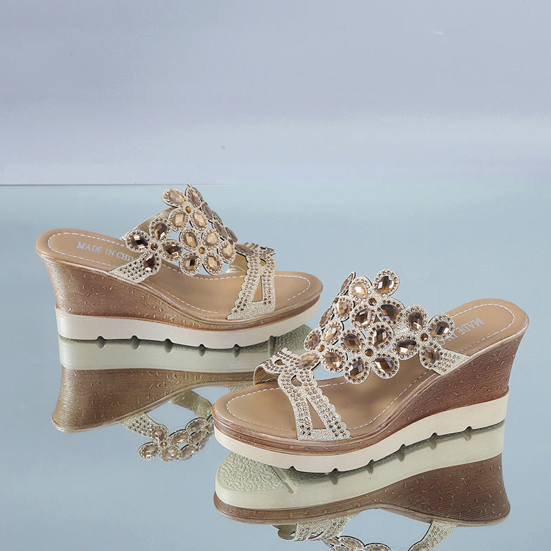 Rhinestone platform sandals and slanted heel slippers