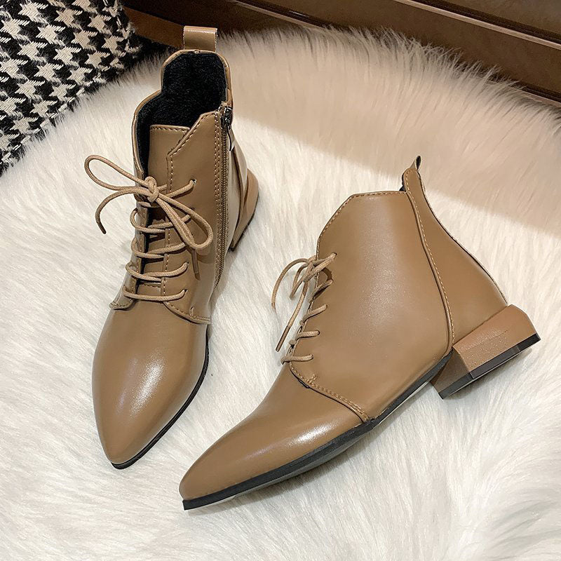 Damen-Stiefeletten im britischen Stil dicke und spitze Zehenpartie niedriger Absatz kurze Stiefel PU-Leder einfach bequem