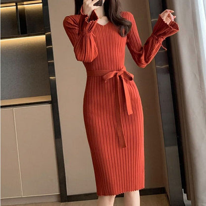 Glockenärmel Einfarbig Strickkleid Herbst Und Winter