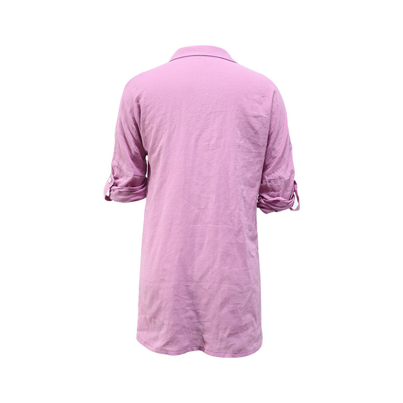 Damen Langarm shirt aus Baumwolle und Leinen mit lockerem lässigem Revers