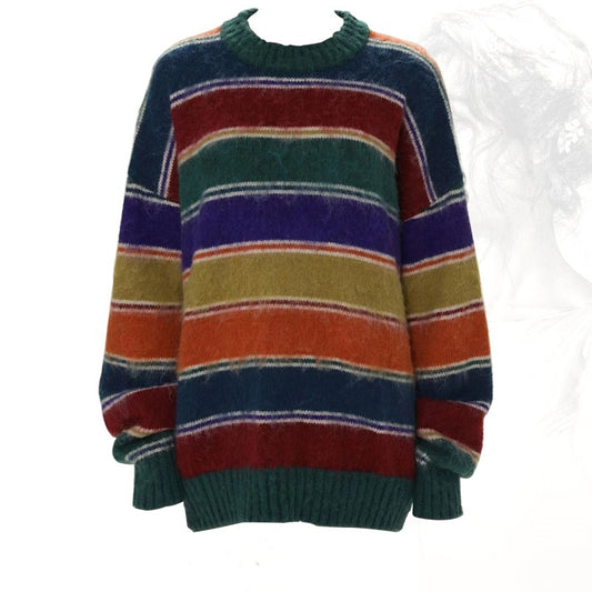Retro Pullover mit kontrastierendem Regenbogen Rundhalsausschnitt für Damen