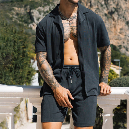 Men Zwei Stück Set Kurzarm Revers Knopf Hemden Und Shorts Strand Stil Anzüge Männer Sommer Mode Kleidung Streetwear