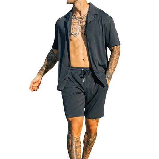 Men Zwei Stück Set Kurzarm Revers Knopf Hemden Und Shorts Strand Stil Anzüge Männer Sommer Mode Kleidung Streetwear