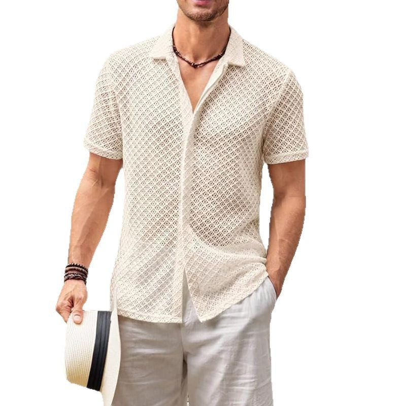 Sommer Mesh Kurzarm Shirt Mode Einfarbig Revers Shirt Tops Strand Männer Kleidung