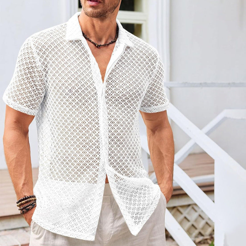 Sommer Mesh Kurzarm Shirt Mode Einfarbig Revers Shirt Tops Strand Männer Kleidung