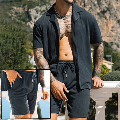 Men Zwei Stück Set Kurzarm Revers Knopf Hemden Und Shorts Strand Stil Anzüge Männer Sommer Mode Kleidung Streetwear