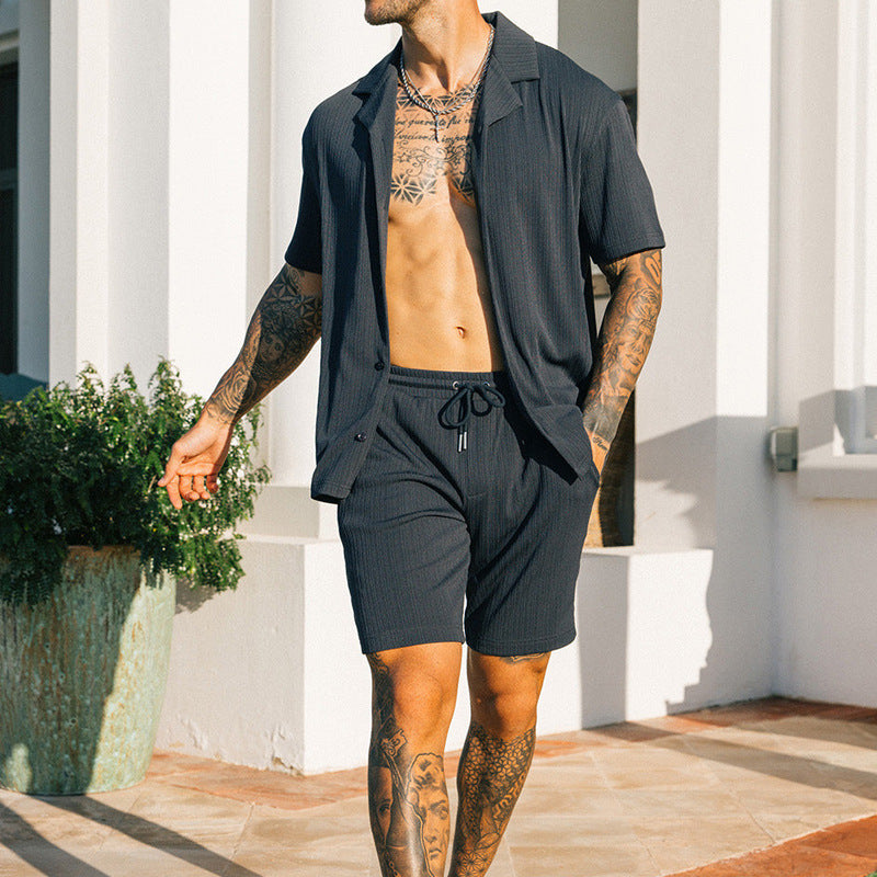 Men Zwei Stück Set Kurzarm Revers Knopf Hemden Und Shorts Strand Stil Anzüge Männer Sommer Mode Kleidung Streetwear