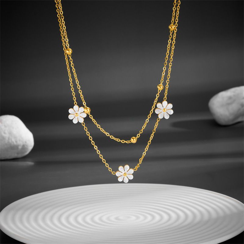 Modeschmuck Edelstahl Blume Daisy Flower Halskette Doppel Schichtung Halskette Ohrringe Jeweley Set