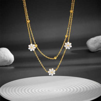 Modeschmuck Edelstahl Blume Daisy Flower Halskette Doppel Schichtung Halskette Ohrringe Jeweley Set