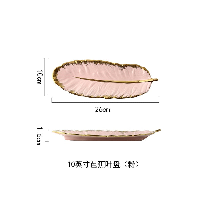 Luxus Keramik Platter Ablage mit Glod Rim Green Leaf Glod Feder Schmuck Make-Up Pinsel Lagerung Dekorative Sushi Platte