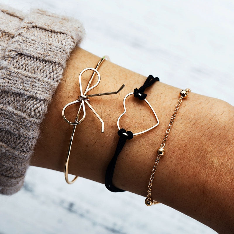 Neue Bohemian Schwarz Seil Kette Armband Set