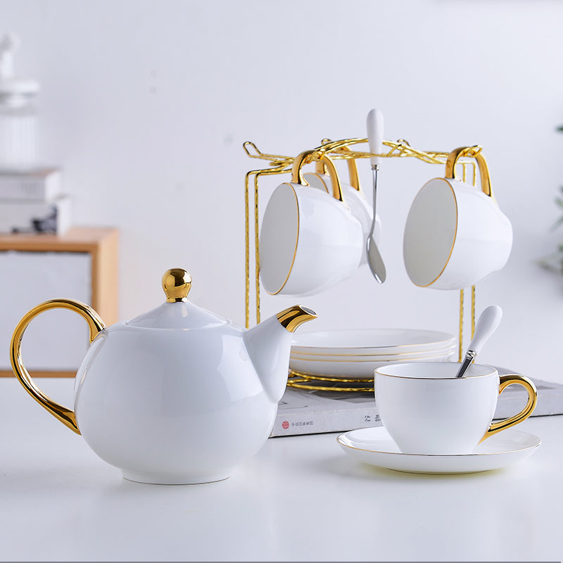 Elegante Bone China Tee-Set Porzellan Duftenden Tee Tasse Keramik Topf Floral Teekanne Set Café Becher Kaffee Tasse Weiß Gold teetasse Teaset