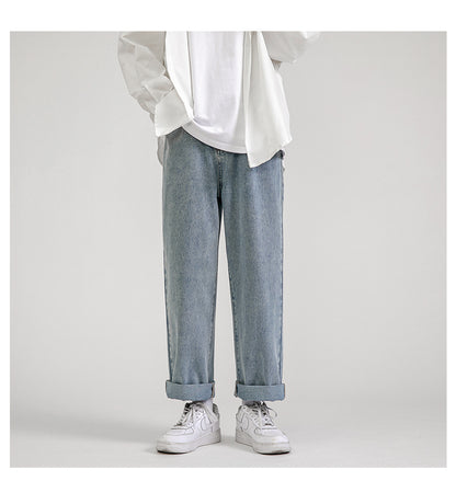 Korean fashion men's baggy jeans classic all-match solid color straight leg wide leg jeans male light blue gray black