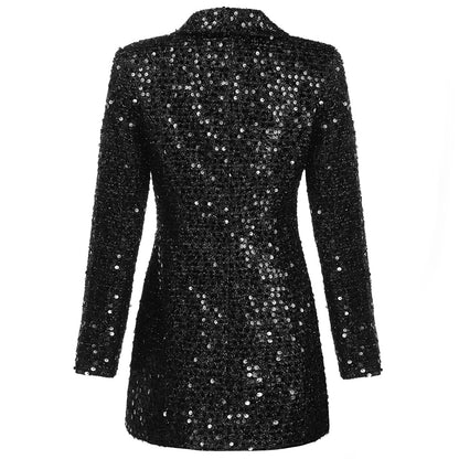 High quality fashion designer blazers women double lion buttons shawl collar glitter sequins long runway black blazer
