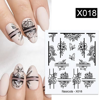 Harunouta Black Lines Flower Leaves Water Decals Stickers