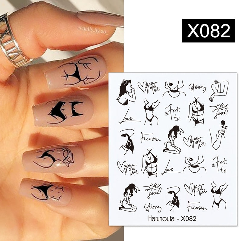 Harunouta Black Lines Flower Leaves Water Decals Stickers