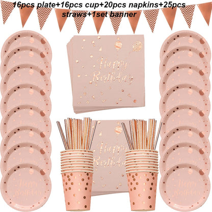 78 teile/satz Rose Gold Glücklich Geburtstag Decor Mädchen Einweg Geschirr Set Papier Platte Heißer Stanzen Erwachsene Birthdy Partei Liefert