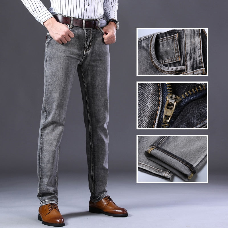 neue männer Stretch Regular Fit Jeans Business Casual Klassische Stil Mode Denim Hose Männlichen Schwarz Blau Grau Hosen