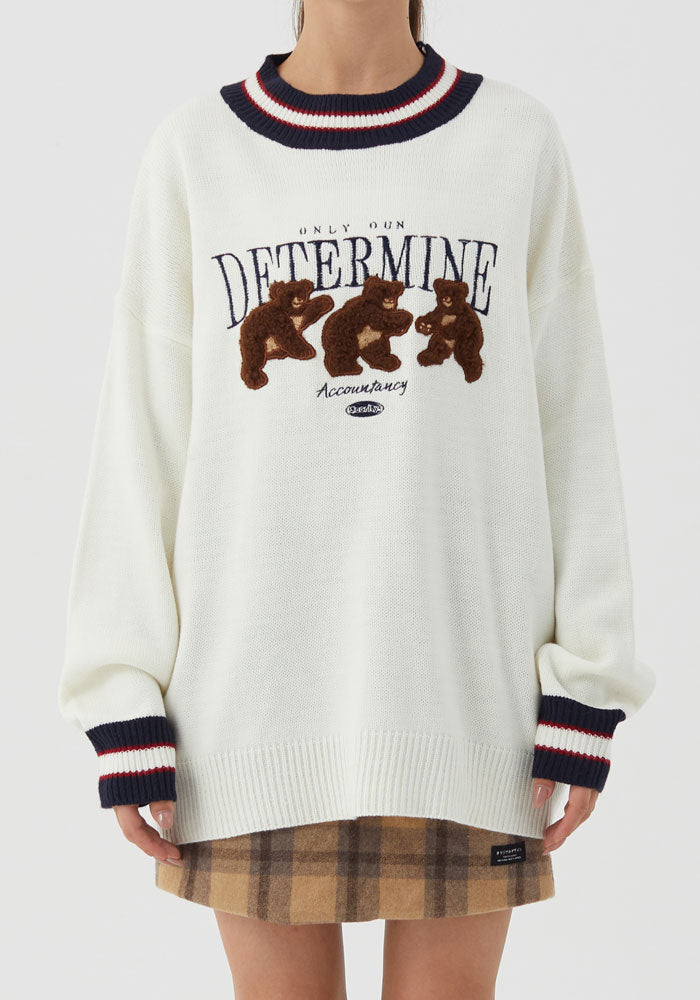 Bär Patchwork Striped Gestrickte Jumper Pullover Street Hip Hop Harajuku