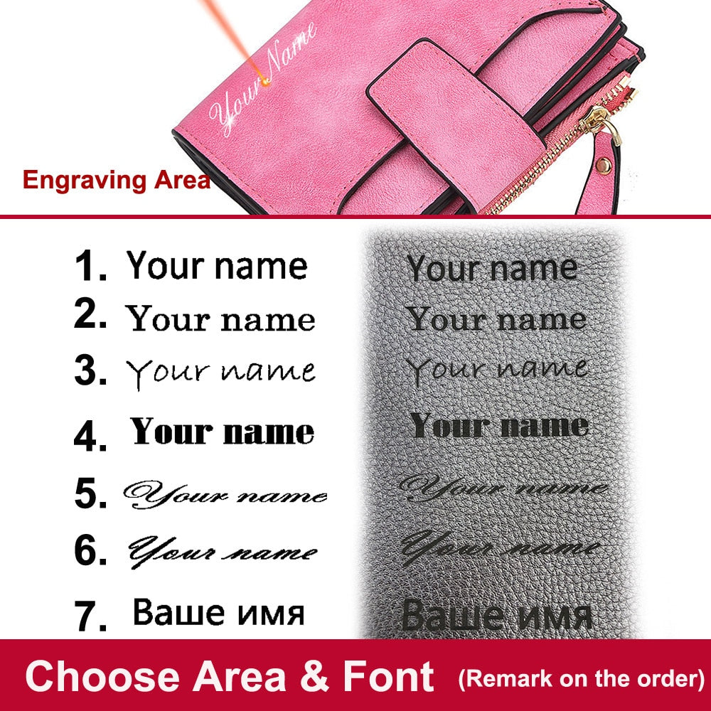 mode Frauen Brieftaschen Kostenloser Name Gravur Neue Kleine Brieftaschen Zipper PU Leder Qualität Weibliche Geldbörse Karte Halter Brieftasche