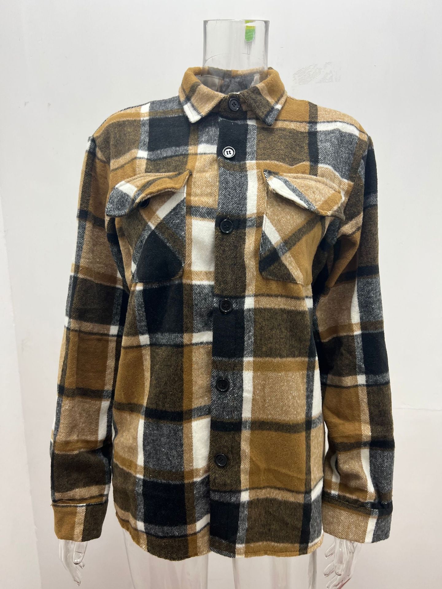 Herrenmode Einfacher karierter Hemd Langarm Knopfmantel