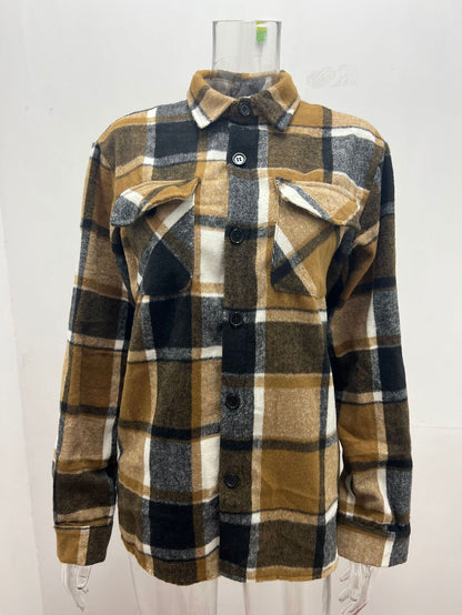 Herrenmode Einfacher karierter Hemd Langarm Knopfmantel