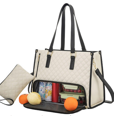 Modische Lunch-Tragetasche für Damen, wärmeisolierende Lunchbox, auslaufsichere Umhängetasche für Computer, gesteppte Handtasche mit großem Fassungsvermögen und Geldbörse