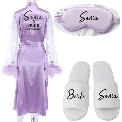 Anpassen Name Datum Hochzeit Feder Braut Robe Brautjungfer Bademantel Nachtwäsche Lange Elegante Frau Kleid Sexy Nachthemd für Party