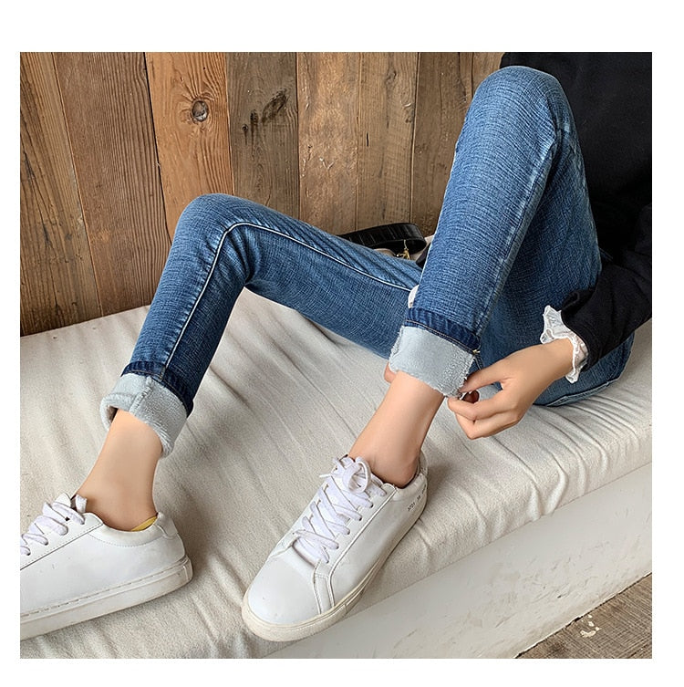 Winter Dicke weibliche Samt Frauen Hohe Taille Dünne Jeans Einfache Fleece Warme Slim fit Stretch Damen Casual Denim Bleistift Hosen
