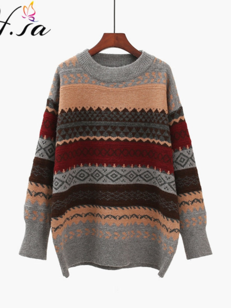 Winter Sweater Pullover Knit Jumper Loose Striped