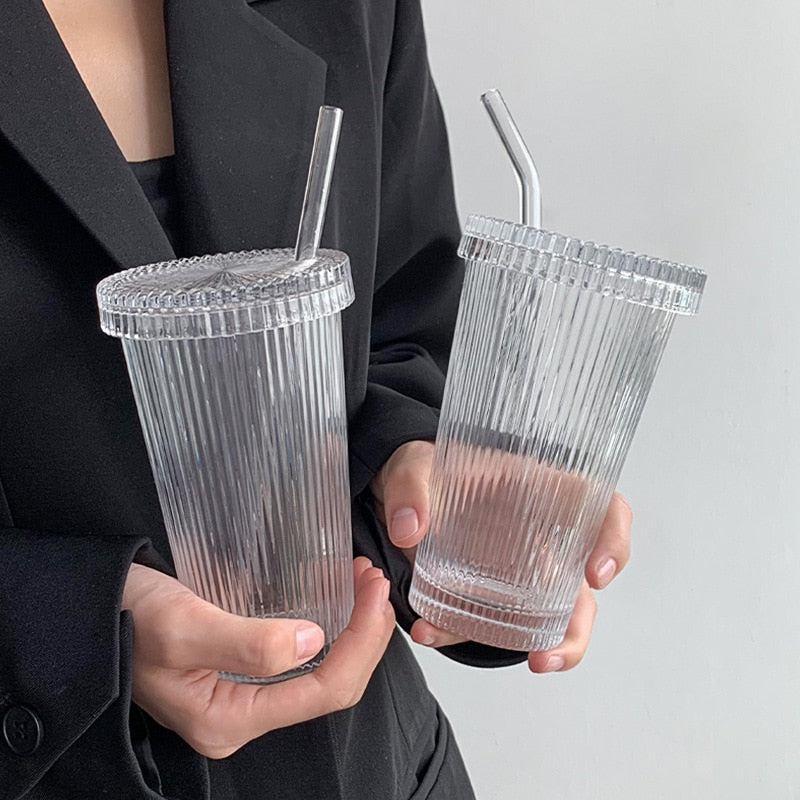 375Ml Simple Stripe Glass Cup With Lid and Straw Transparent Bubble Tea Cup Juice Glass Beer Can Milk Mocha Cups Breakfast Mug