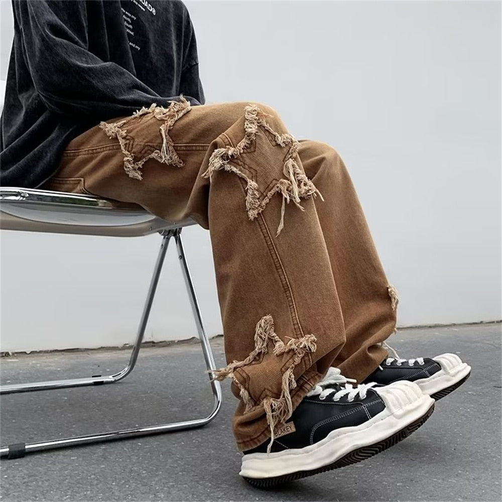neue Mode Sterne Handtuch Stickerei braun baggy Männer Jeans Hosen y2k Kleidung gerade Hip Hop Baumwolle Hose Pantalon Homme