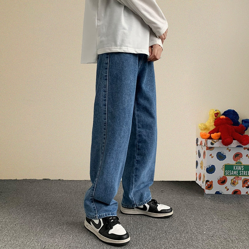 Frühling neue Streetwear Baggy Jeans Männer koreanische Mode lose gerade weites Bein Hosen männliche Marken kleidung schwarz hellblau