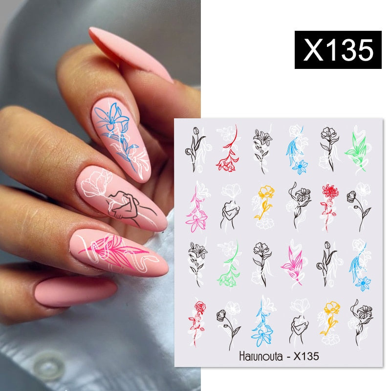 Harunouta Black Lines Flower Leaves Water Decals Stickers