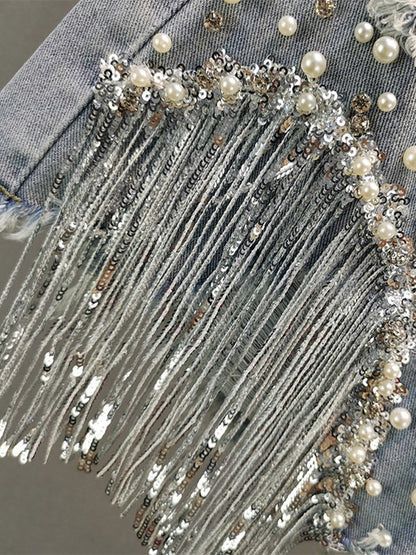 Sommer Elegante Shorts Dame Quaste Perlen Hohe Taille Breite Bein Denim Shorts Weibliche Beiläufige