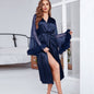 Lace Sleeve Robe Women Satin Feather Patchwork Bathrobe Kimono Gown Long Summer Nightgown Sleepdress Loose Bridal Loungewear