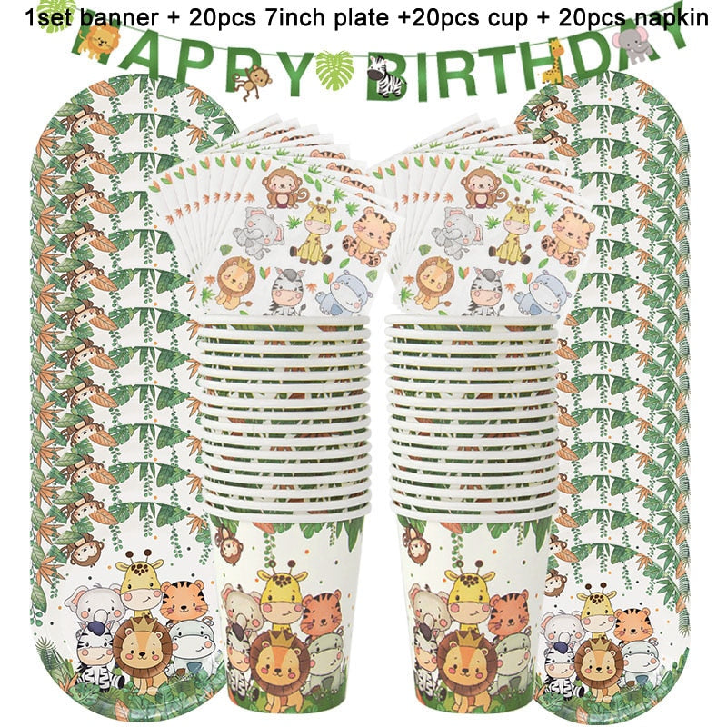 61pcs Dschungel Tier Einweg geschirr Set Papp teller Tasse Serviette Banner Kinder Junge Wald Safari Thema Geburtstags feier liefert