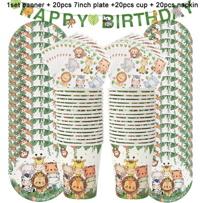 61pcs Dschungel Tier Einweg geschirr Set Papp teller Tasse Serviette Banner Kinder Junge Wald Safari Thema Geburtstags feier liefert