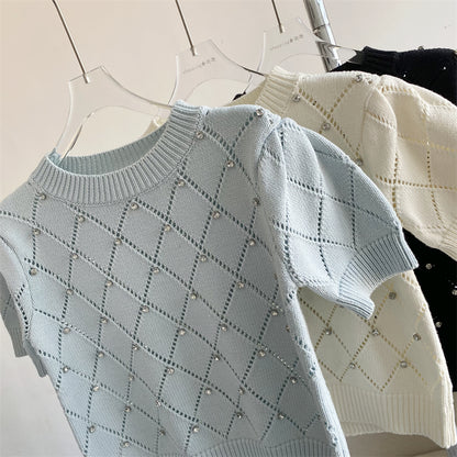 iamanten Argyle Strick Korean Pullover Frauen 2023 Sommer Kurzarm O-ansatz
