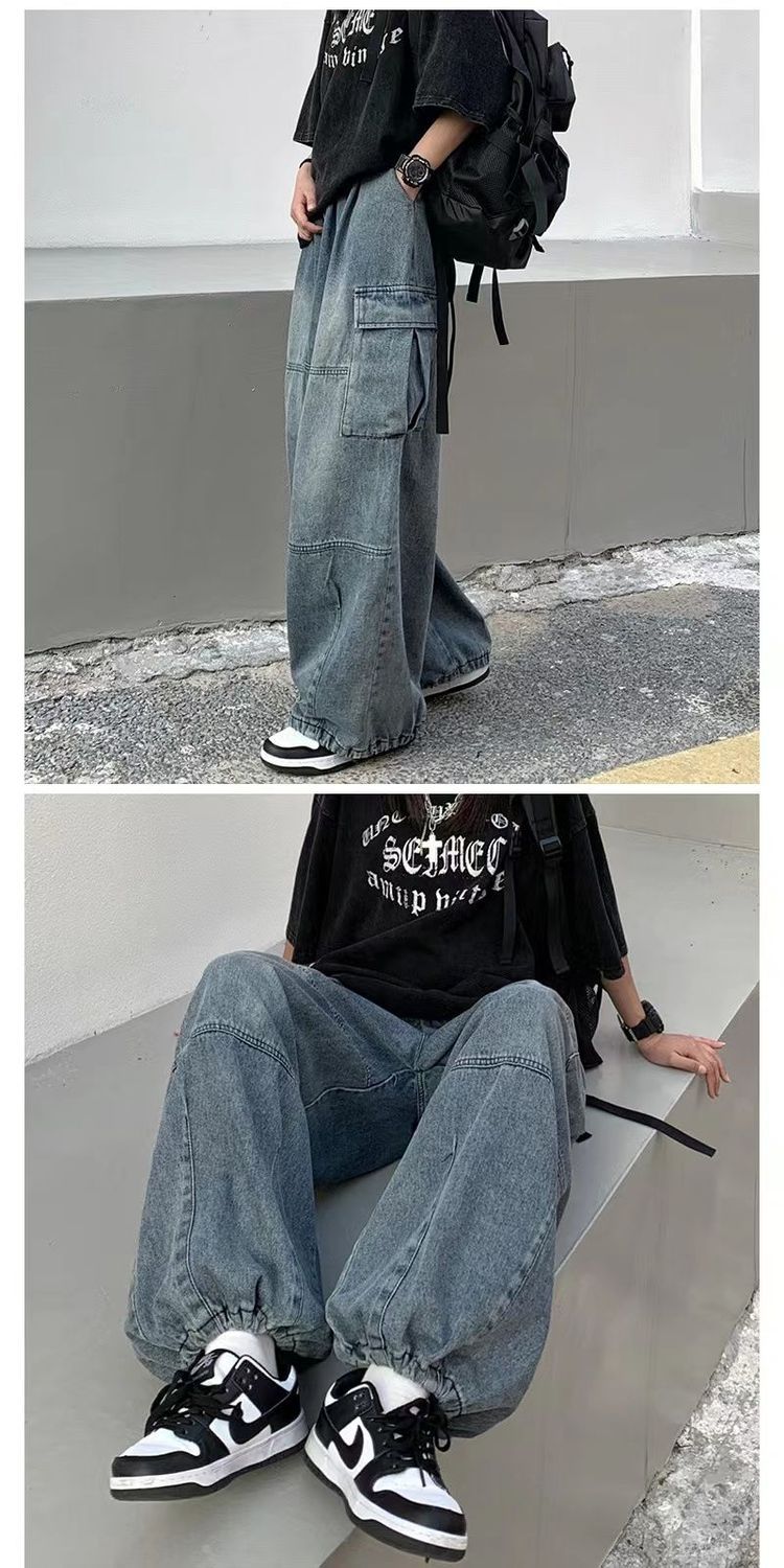 Frühling Herbst Hosen y2k baggy jeans für männer Breite bein Hosen Taschen Elastische Taille Streetwear Lose bequeme Hose